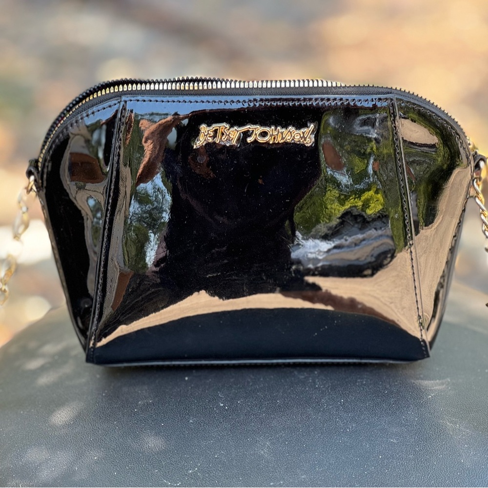 Betsey Johnson Black Patent Leather Purse with Gold Chain Strap